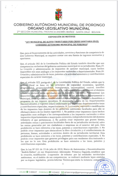 Leyes Municipales Gobierno Autónomo Municipal de Porongo